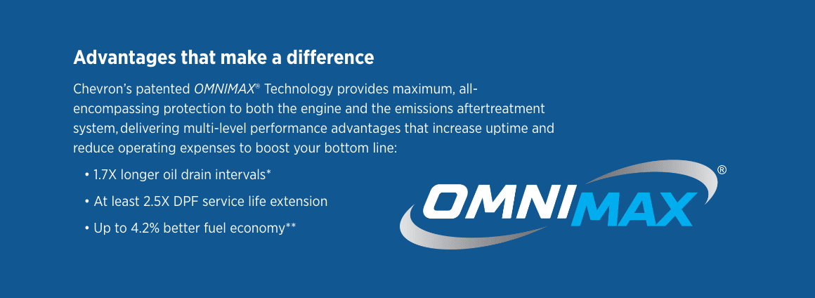Advantages that make a difference Chevron OMNIMAX boosts protection for 1.7X longer oil drains, 2.5X DPF life, and up to 4.2% better fuel economy.